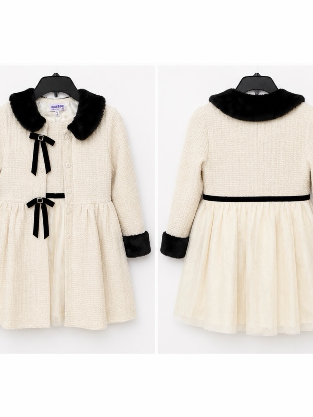 Classic Cream & Black Trim Girls Dress with Faux Fur Collar